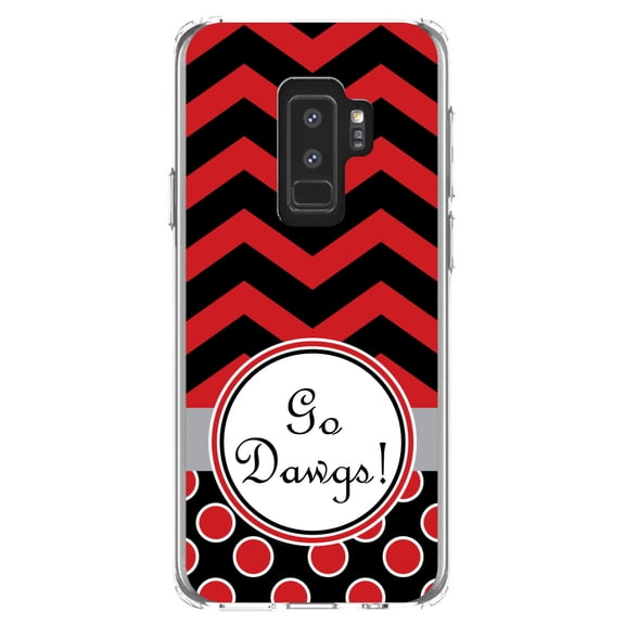 DistinctInk Clear Shockproof Hybrid Case for Samsung Galaxy S9  PLUS (6.2" Screen) - TPU Bumper, Acrylic Back, Tempered Glass Screen Protector - Red Black Go Dawgs
