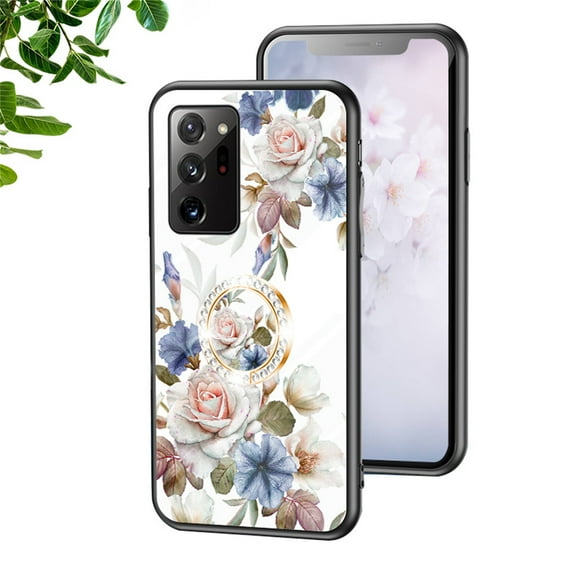 Dteck for Samaung Galaxy S20 Ultra Case 6.9" 2020, TPU Flexible Border with Ring Kickstand and Glass Protector Case for Samaung Galaxy S20 Ultra Girls and Women, White Flowers