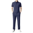 thumbnail image 3 of VBVC Men's 2 Piece Business Outfit Set with Pockets,Collared Short Sleeve Shirt and Drawstring Pants For Men,Navy,M-4XL, 3 of 10