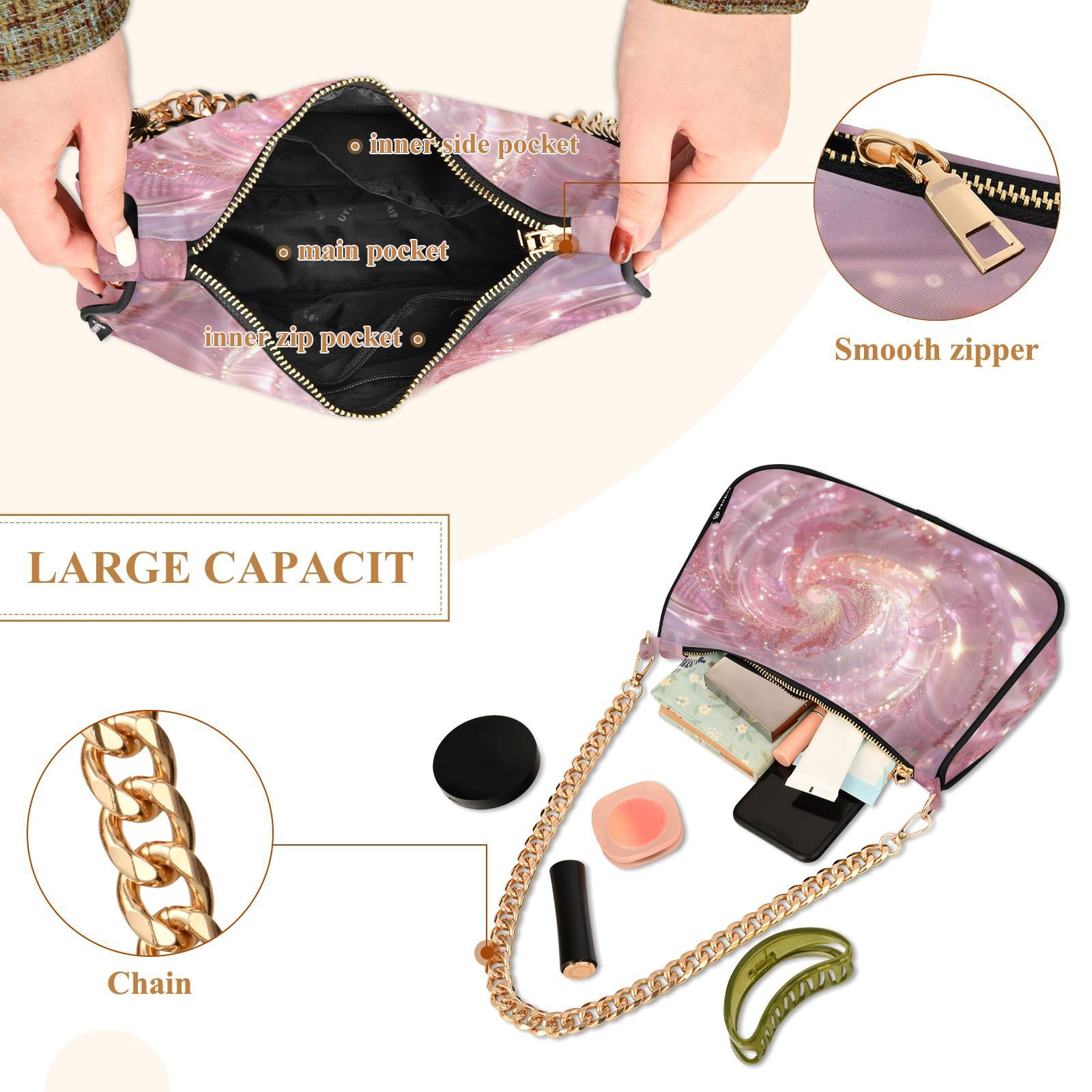 A Pink SpiralWomen Small Shoulder Bag Crossbody Tote Hobo Bags Purse Clutch Handbags with Chain Strap for Women