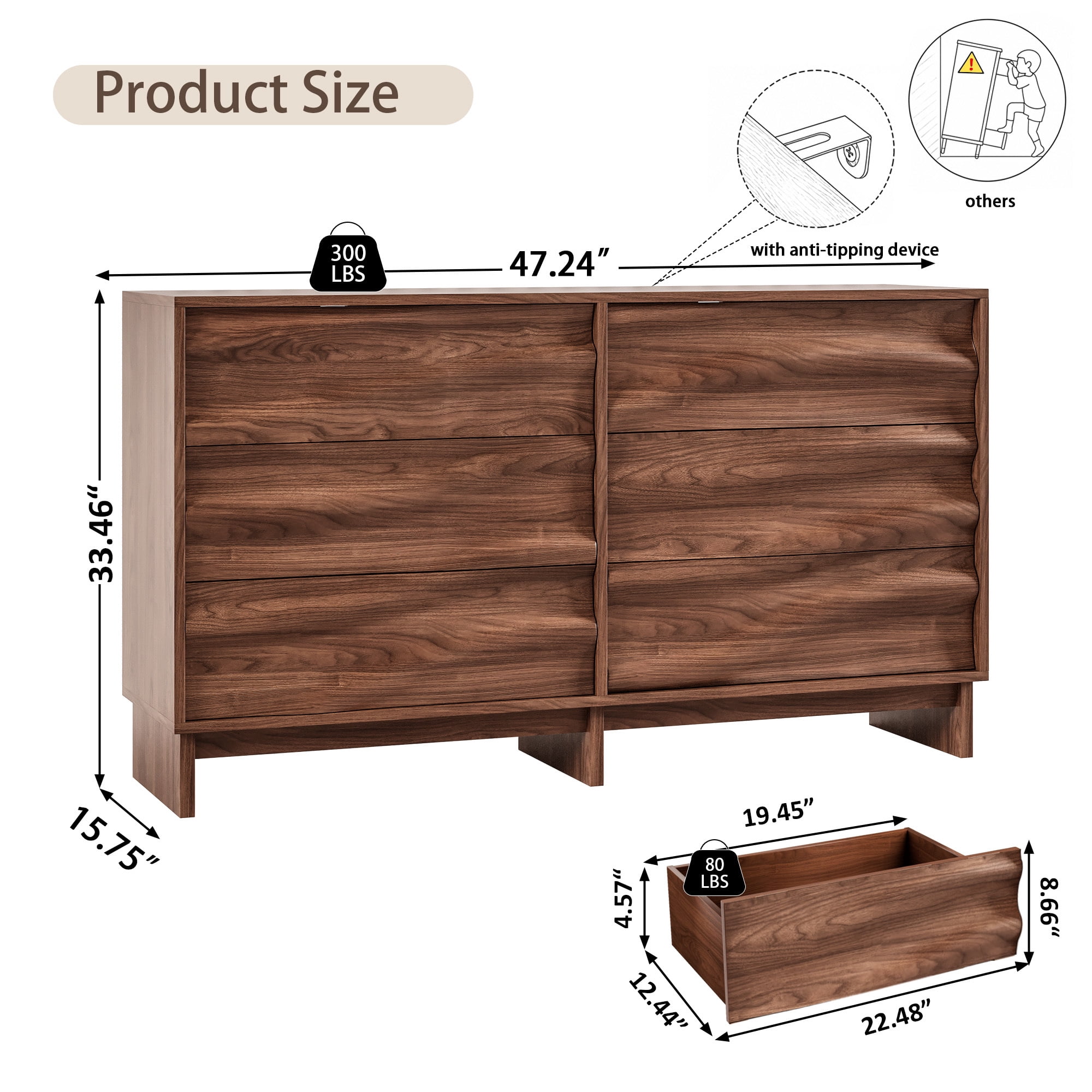 Leumius 47.2" Buffet Sideboard with 6 Drawers, Walnut Finish with Wave Grain Texture, Farmhouse Storage Cabinet for Dining Room Living Room Hallway