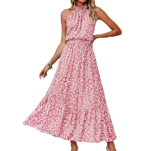 Sleeveless Women Halter Floral Boho Sun Vacation Long Maxi Summer Dresses