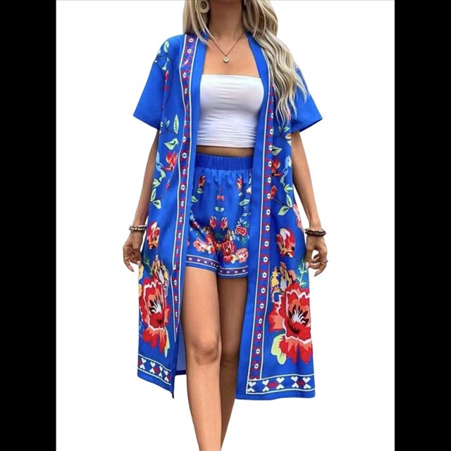 Bohemio Floral de Corta para Mujer, Talla Grande, con Abertura Frontal, Conjunto de 2 Piezas para Verano Azul XXL