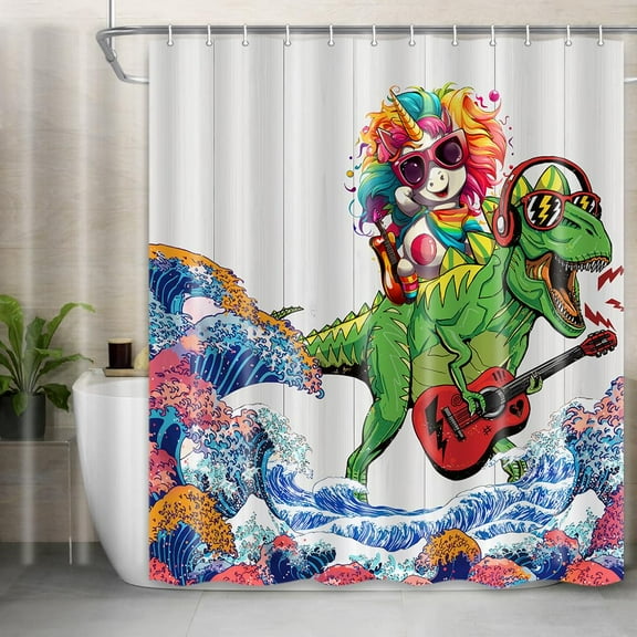 Funny Shower Curtain, Cool Unicorn Riding Dinosaur in Japanese Kanagawa Waves Shower Curtains for Boys Teens, Blue Fabric Hilarious Shower Curtain 12PCS Hooks,69X70IN