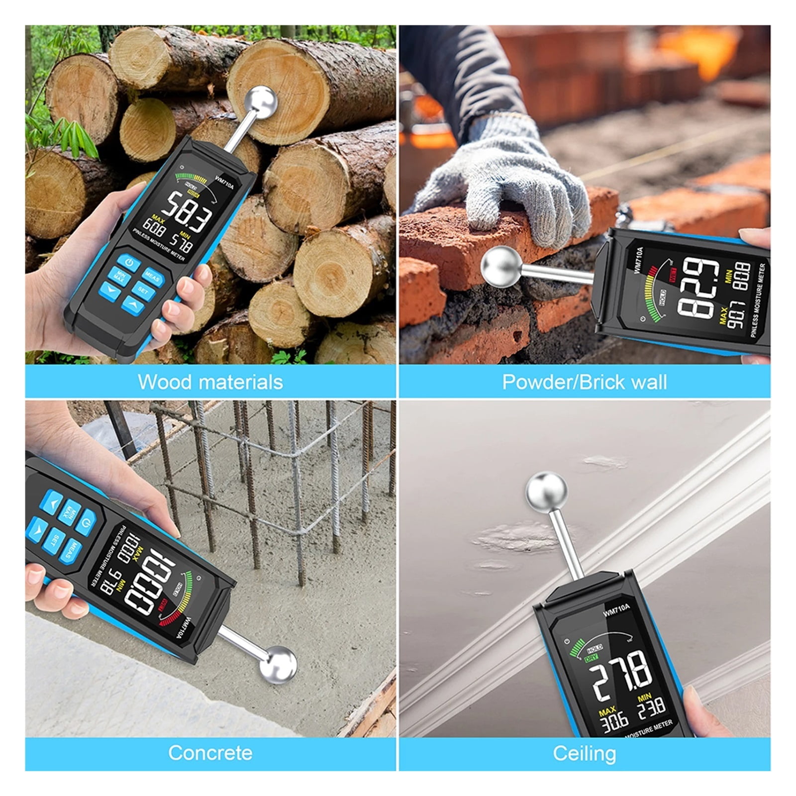 WM710A Digital Wood Moisture Meter Spherical Hygrometer Record Humidity Auto Timber Damp Detector