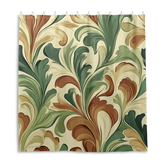 Green Brown Leaf Lines Shower Curtain Liner 66x72 Inch Waterproof Shower Curtains Decorative Bathroom with 12 Pack Hooks