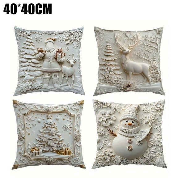 Christmas Cushion Covers,4Pack 15.7x15.7 Inch Winter Throw Pillow Covers,White Christmas Theme Decorative Cushion Cases,Cute Snowman Santa Pillowcases,Farmhouse for Sofa Bed Couch