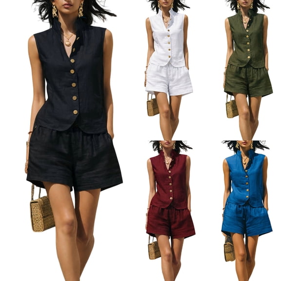 Women's 2 Piece Outfit Sleeveless Button Down Vest Top and High Waist Shorts Set, Textured Wrinkle Fabric Casual Matching Set, Loose Fit Summer Lounge Wear Black L