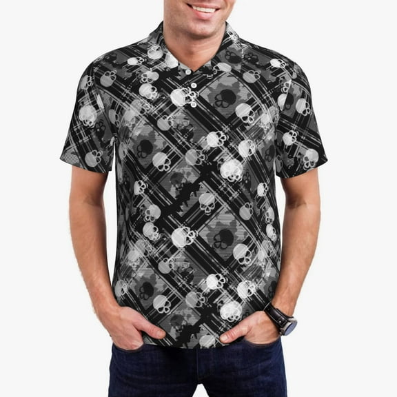 Kdxio Seamless Pattern With Skulls Print Men's Short Sleeve Polo Shirt,Midweight Men's Shirt
