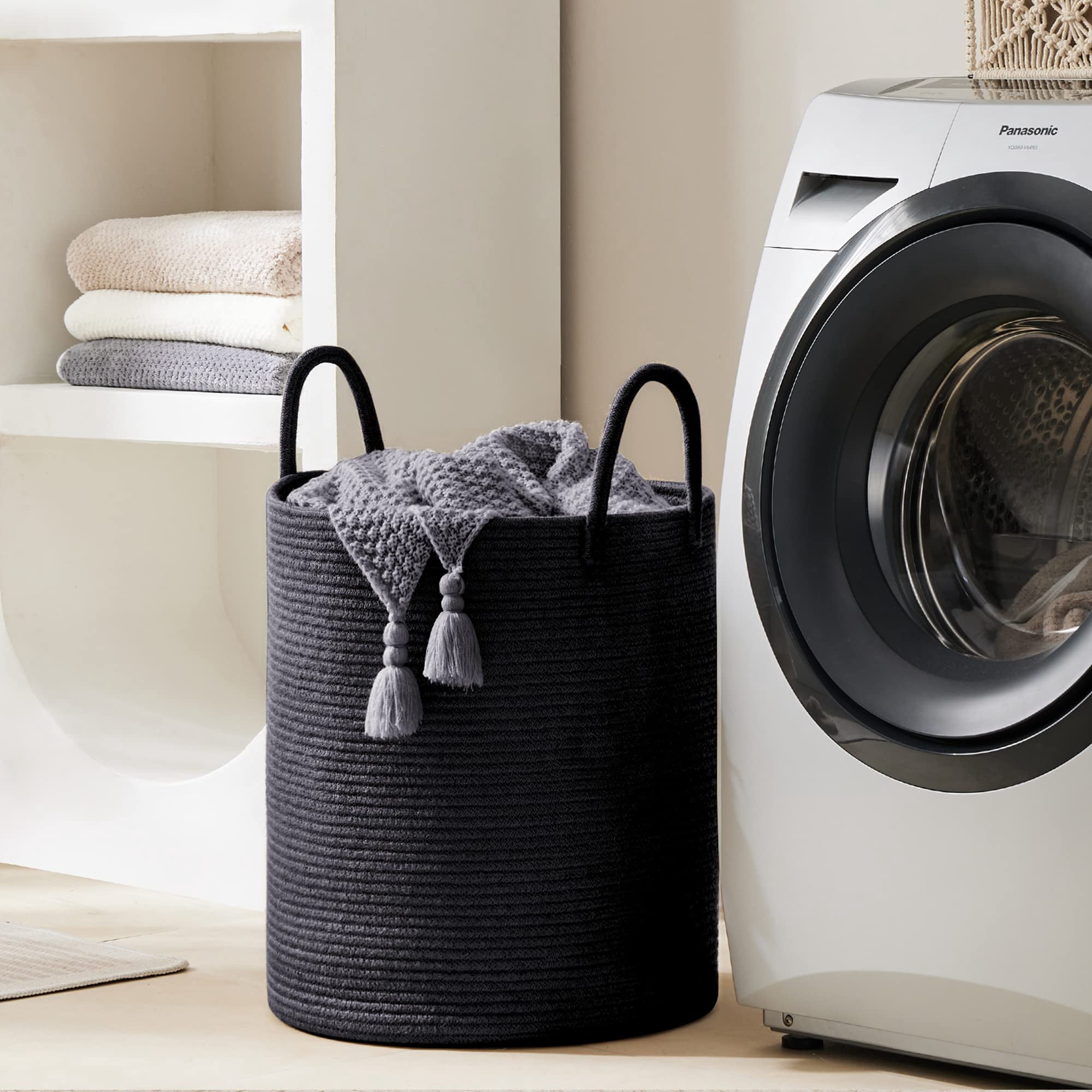 Jute Rope Laundry Hamper Basket , 58L Tall Laundry Basket, Baby Nursery Hamper for Blanket Storage for Bedroom-Large-Jute