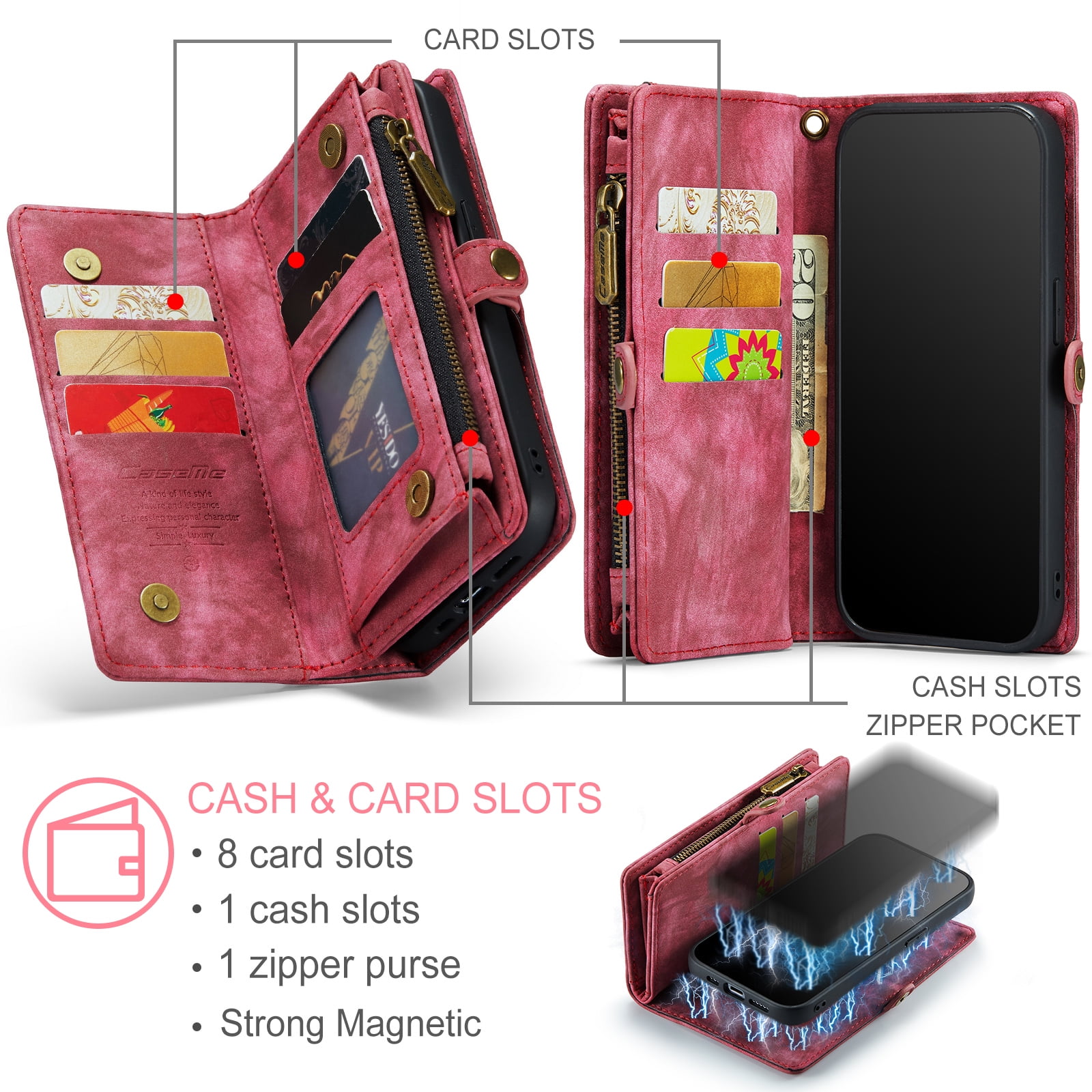 Feishell Durable 2- In-1 Magnetic Detachable Wallet Case for iPhone 16 Pro Max,for Women Men,Premium PU Leather Zipper Pocket Flip Multi Card Slots Purse Phone Case with Wrist Strap,Red