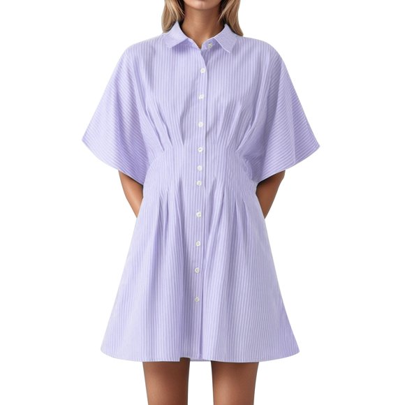 Icvfdpl Women's Summer Dresses,Striped Button Pleated Pocket Loose Shirt Dress Trendy Beach Dress For Women,L