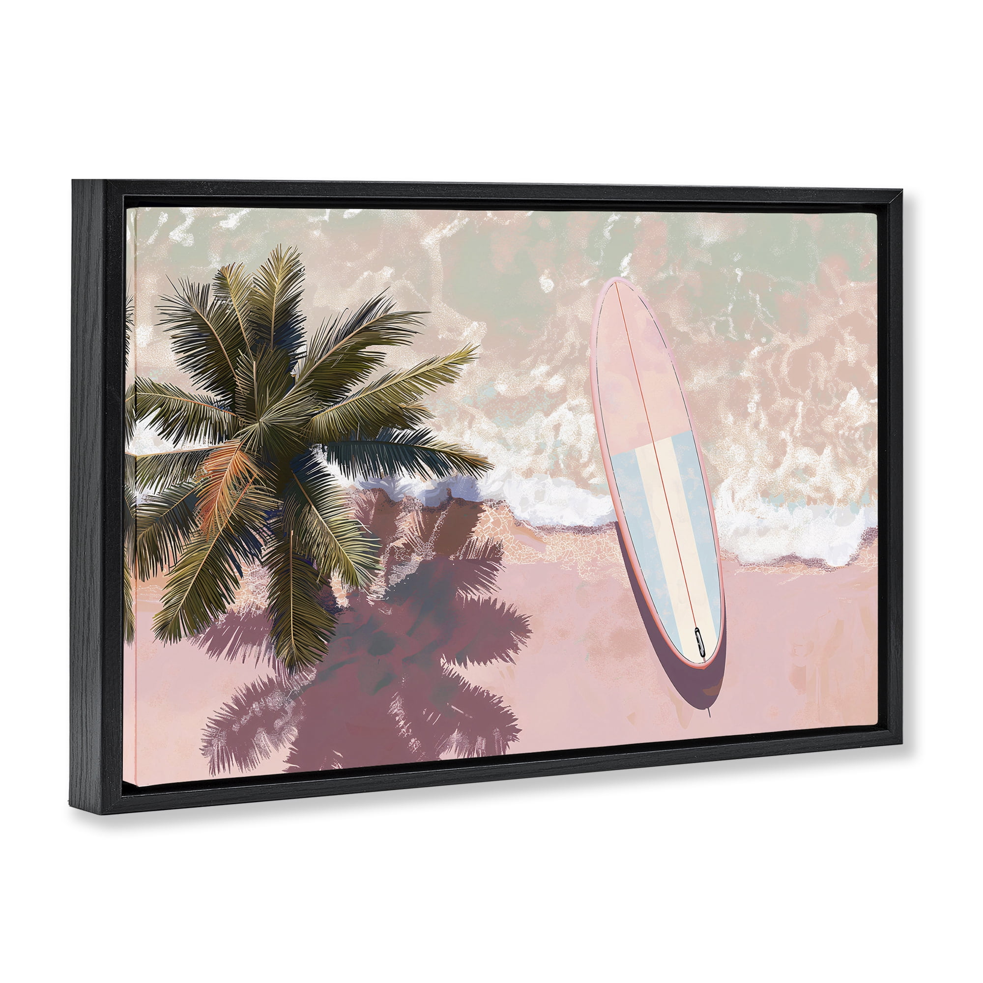Stupell Industries Blush Pink Surfboard & Palm Black Framed Floater Canvas Wall Art, design by Jacky Ngan