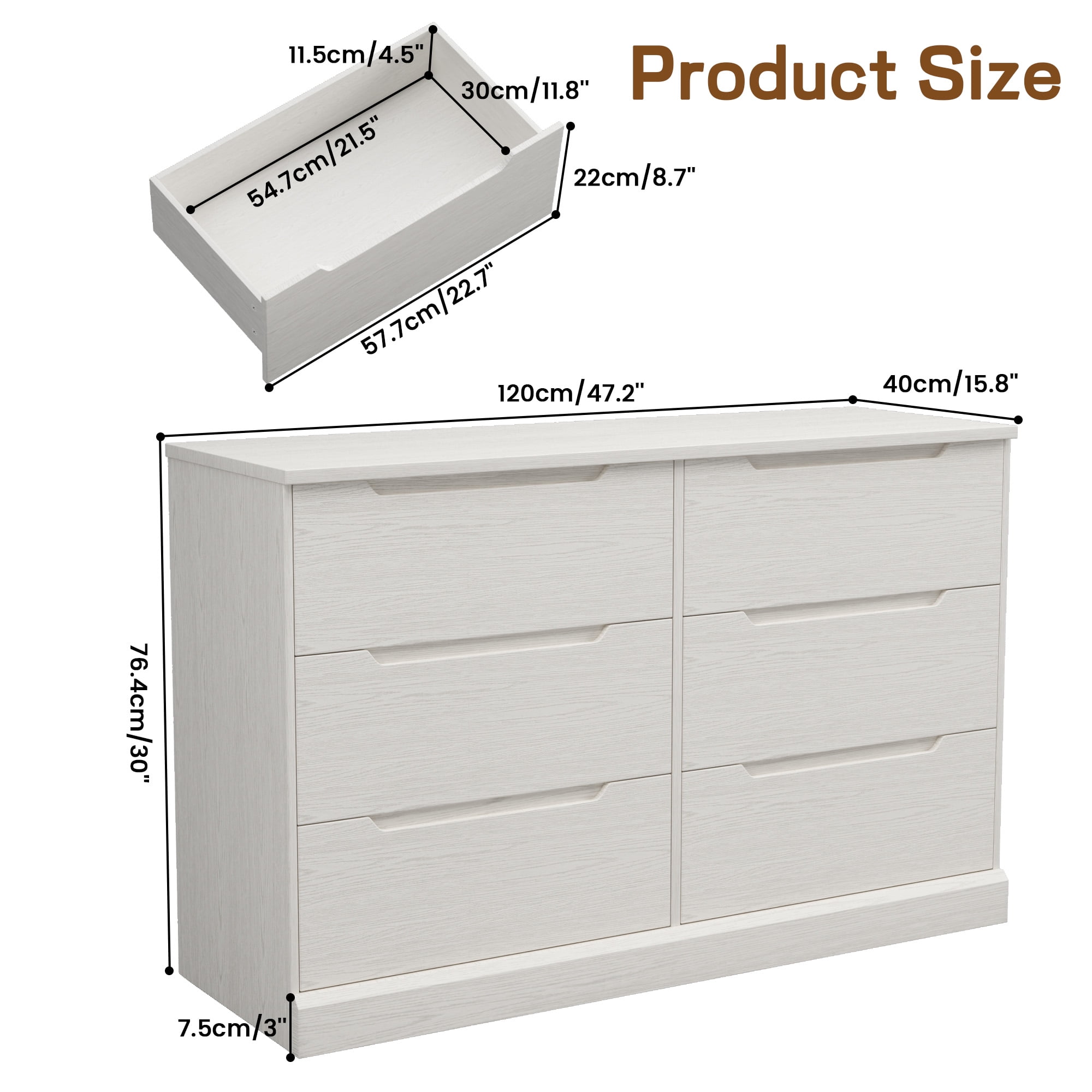 6 Drawer Dresser, Wood Chest of Drawers for Bedroom, White Modern Storage Cabinet Dresser Organizer Unit for Living Room, Closet