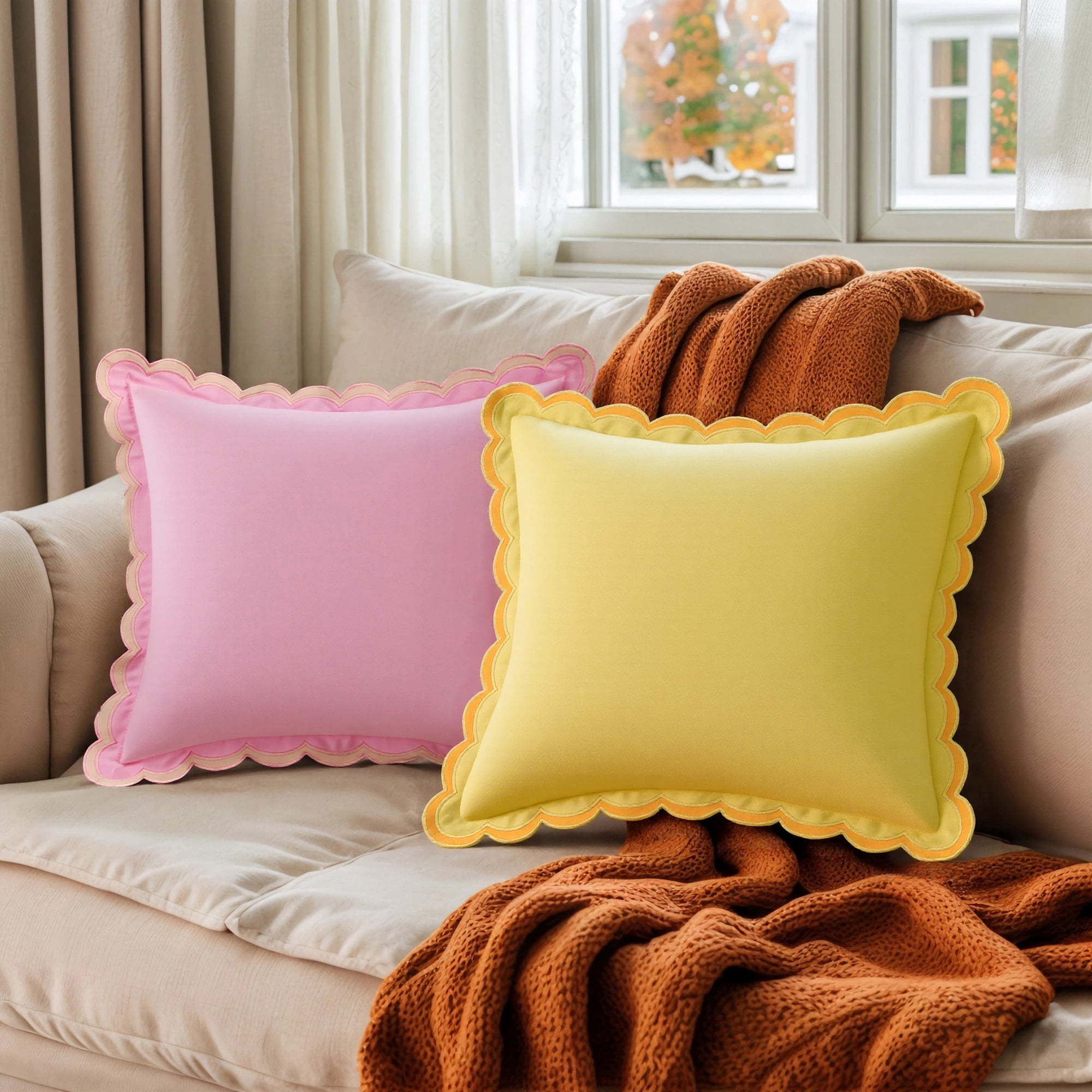REGALWOVEN Cotton Throw Pillow Covers Cushion Cases, Scalloped Wavy Edge Designs, Match for Home Decor, Pack of 1 Green 18" x 18"