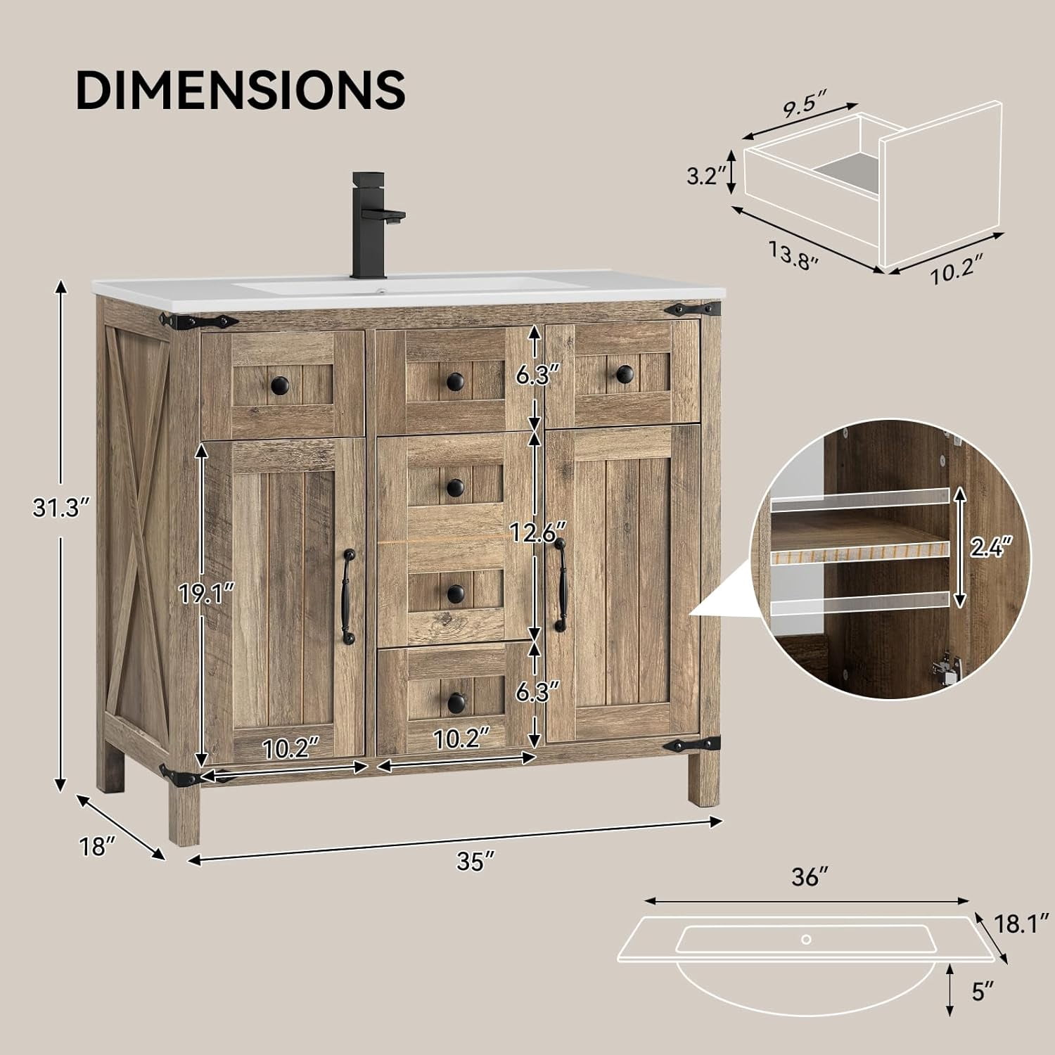 ELECWISH 36" Farmhouse Bathroom Vanity with Sink Combo, Rustic Vanity Cabinet with Ceramic Under Mount Sink Combo with Faucet Set, Four Sliding Drawers, Adjustable Shelf, Rustic Brown