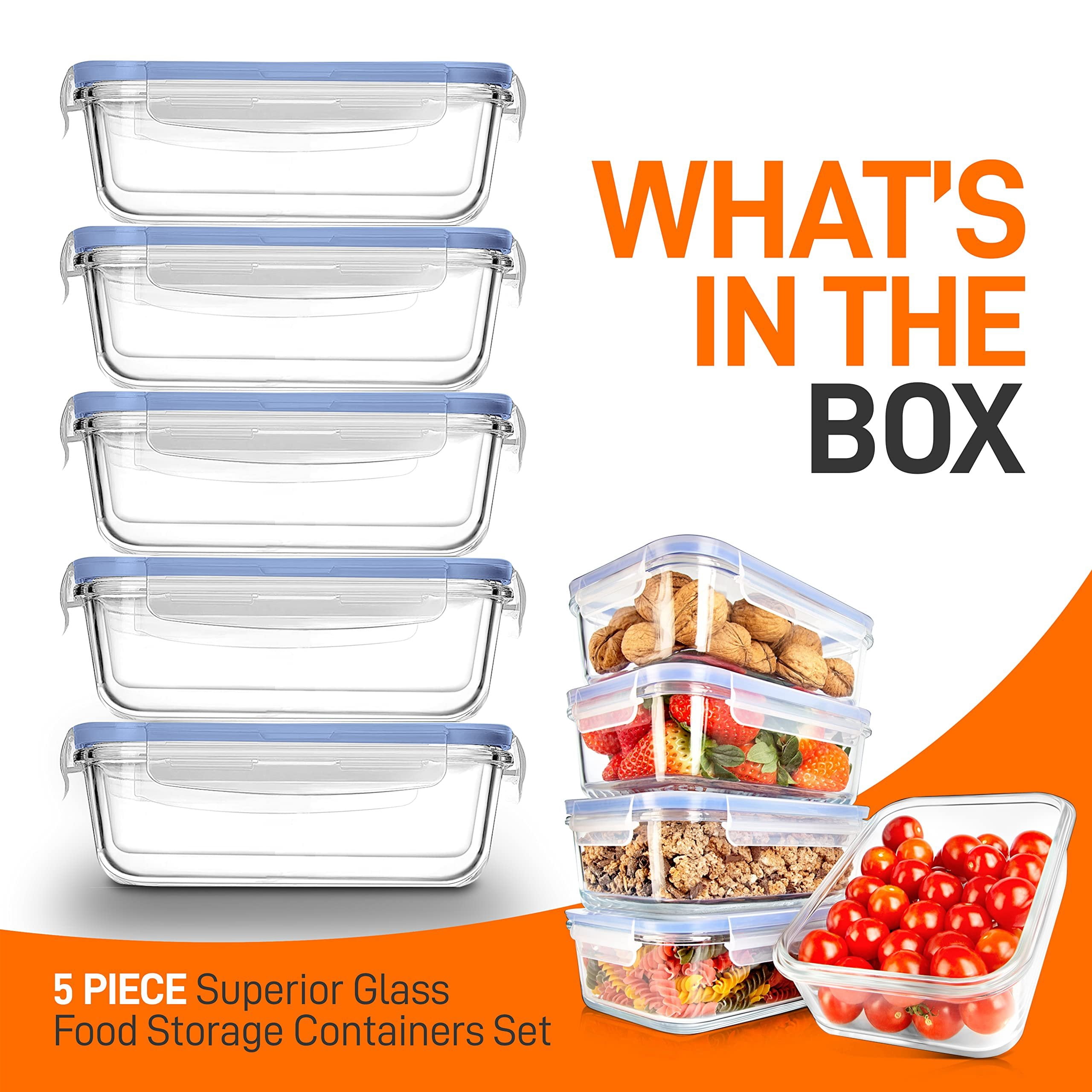 NutriChef 10-Piece Glass Food Containers Stackable Superior Glass Meal-Prep Storage, (Blue)