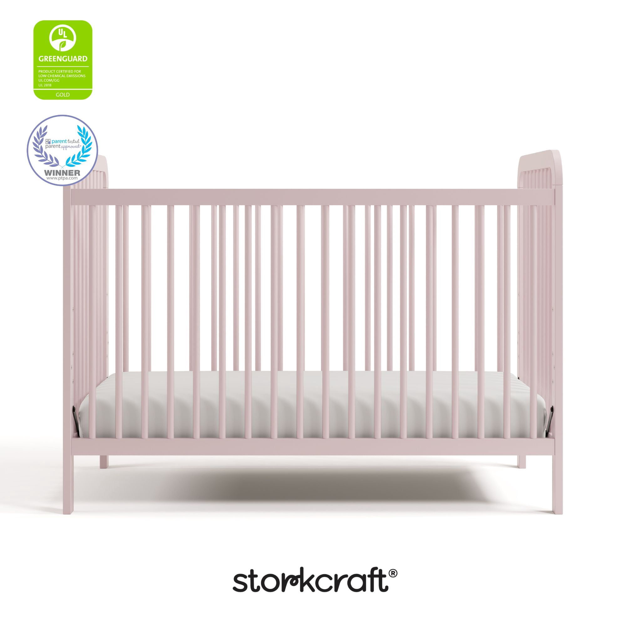 Storkcraft Pasadena 3-in-1 Convertible Baby Crib – GREENGUARD Gold Certified, 100% Solid Wood, Fits Standard Crib Mattress, Converts to Toddler Bed and Daybed, 4 Mattress Heights  , Blush