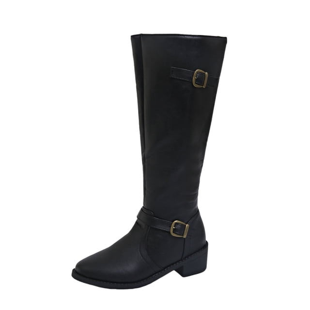 Women's Knee High Boots, Motorcycle Riding Knight Boots Style with Side Zipper, Buckle Straps, Mid Block Heel for Comfortable & Stylish Wear