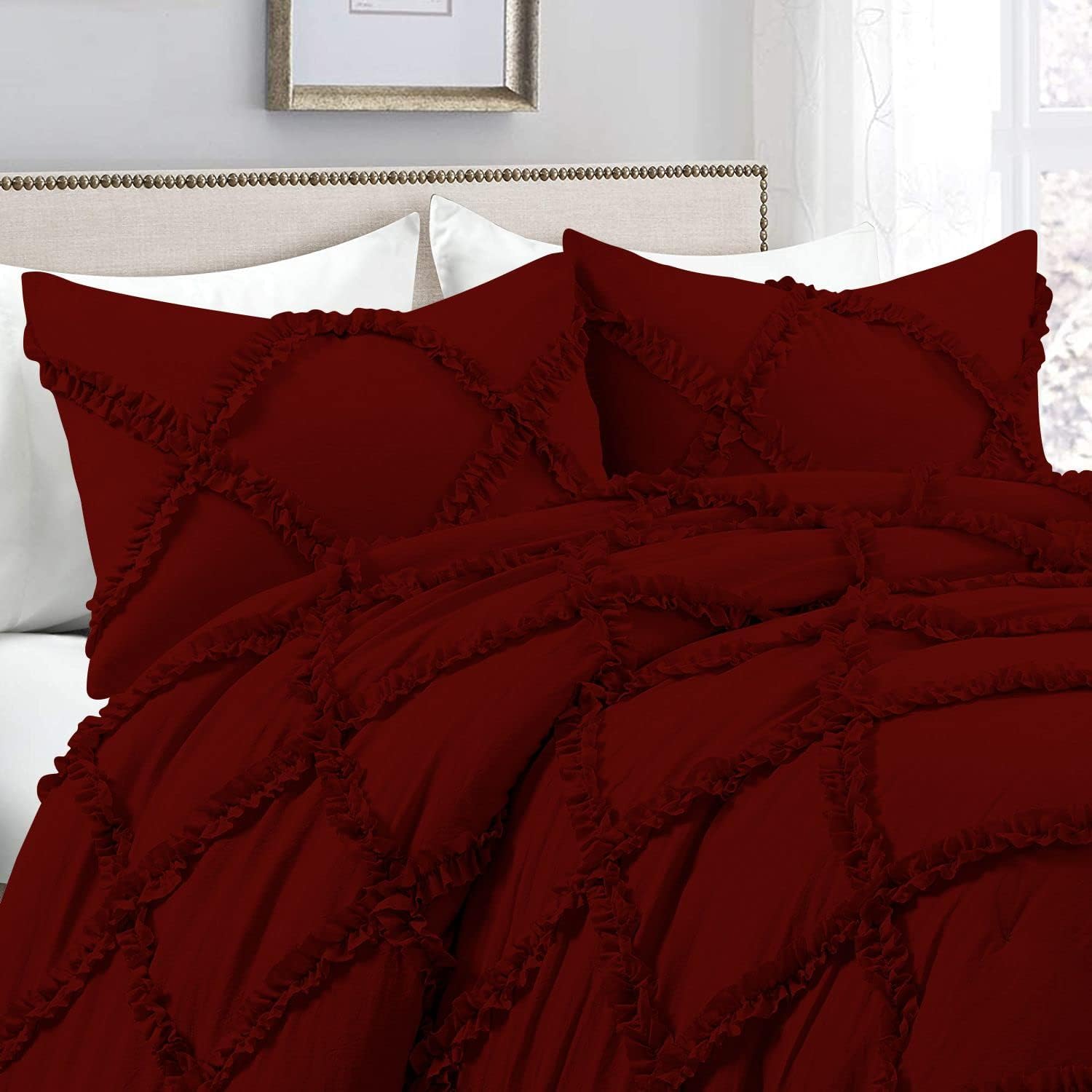 Duvet Cover Diamond Ruffle with Zipper Closure 1 Piece King/California King (94" x 104") Inches 100% Cotton 800 TC Premium Hotel Class Decorative Bedding with Corner Ties - Burgundy Solid