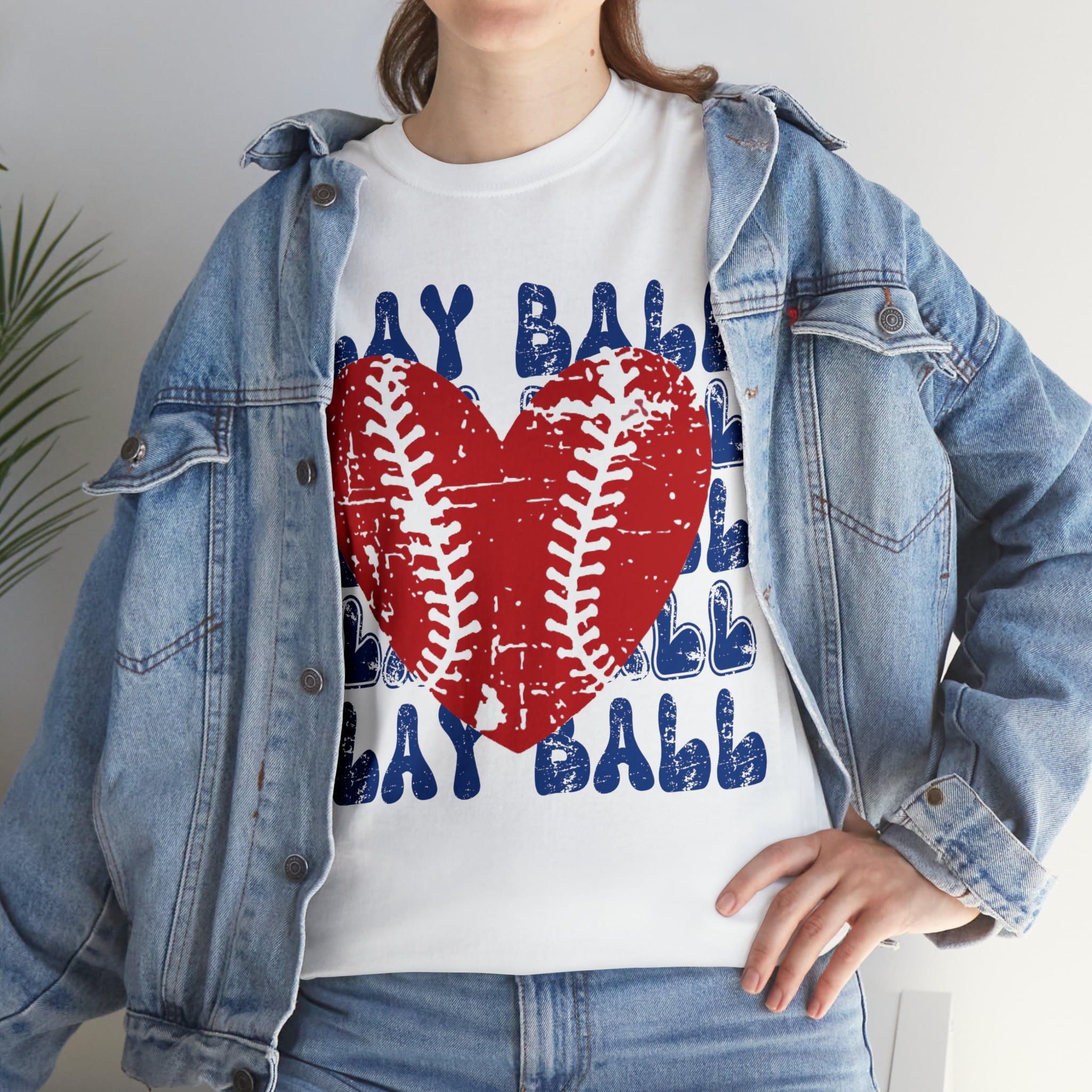 Vintage Play Ball Retro Heart Baseball T-Shirt Women's Unisex Graphic Tee White 2XL