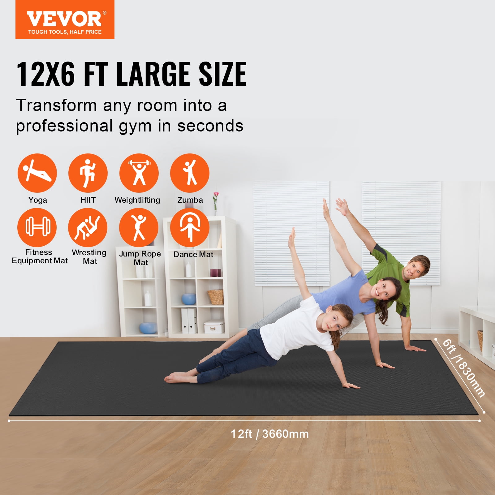VEVOR Exercise Mat, Non Slip High Density Premium Yoga Mat, Exercise Yoga Mat for Men Women, Fitness & Exercise Mat with Bag & Carry Strap, for All Types of Home Yoga, Floor Workout (12x6ft)