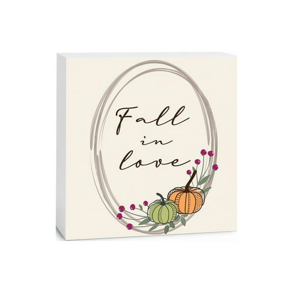 Fall In Love Bisque Circle Pumpkins 5 x 5 Wood Tabletop Sign Plaque