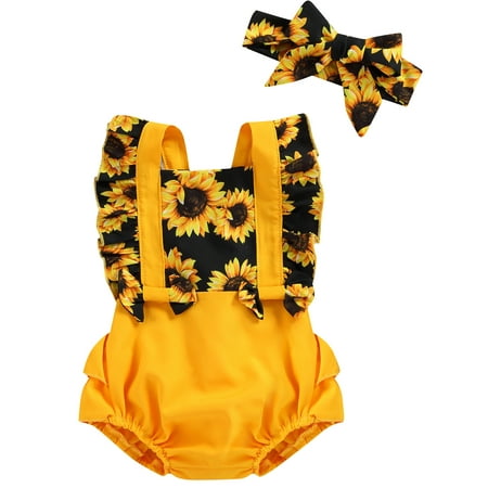 

Calsunbaby Newborn Baby Girls Summer Outfits Set Sunflower Print Flying Sleeve Bodysuit Bow Headband Clothes Yellow 12-18 Months