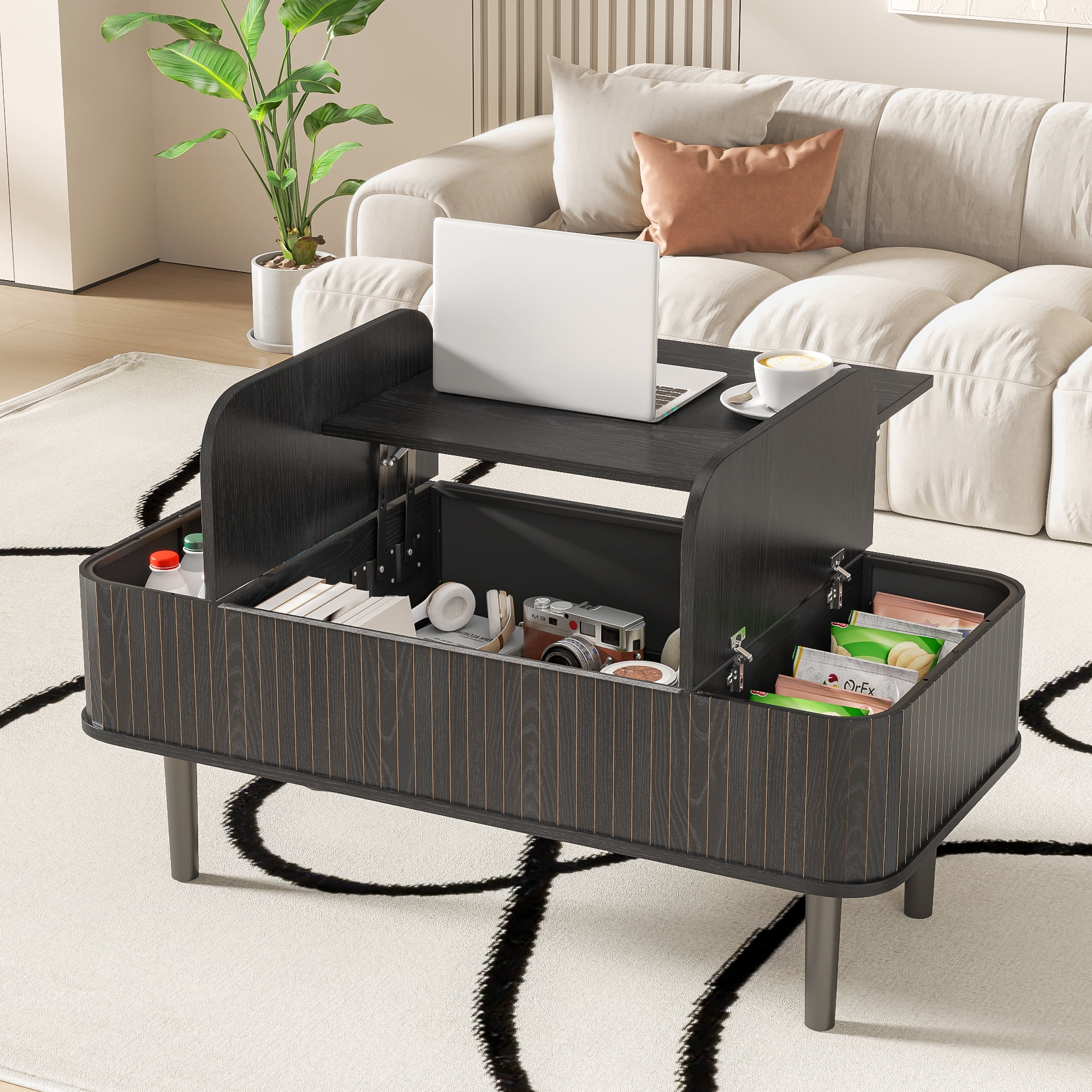 Lift Top Coffee Table with Storage, Mid Century Modern Coffee Table for Living Room, Small, Black