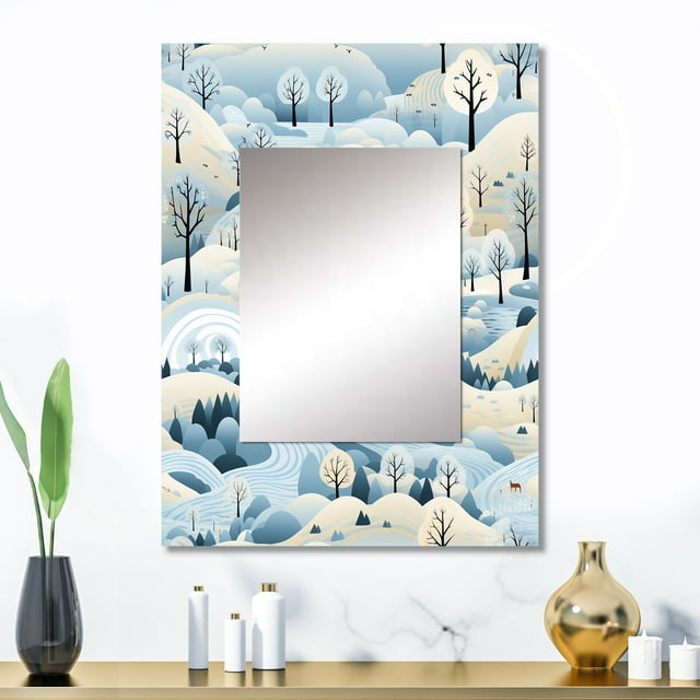 Designart "Winter'S Tale In Scandinavian Scenery" Floral Wall Mirror, Printed Blue Wall Mirror, Traditional Bathroom Wall Mirror, Decorative Floral Mirror - 24x32 Inch