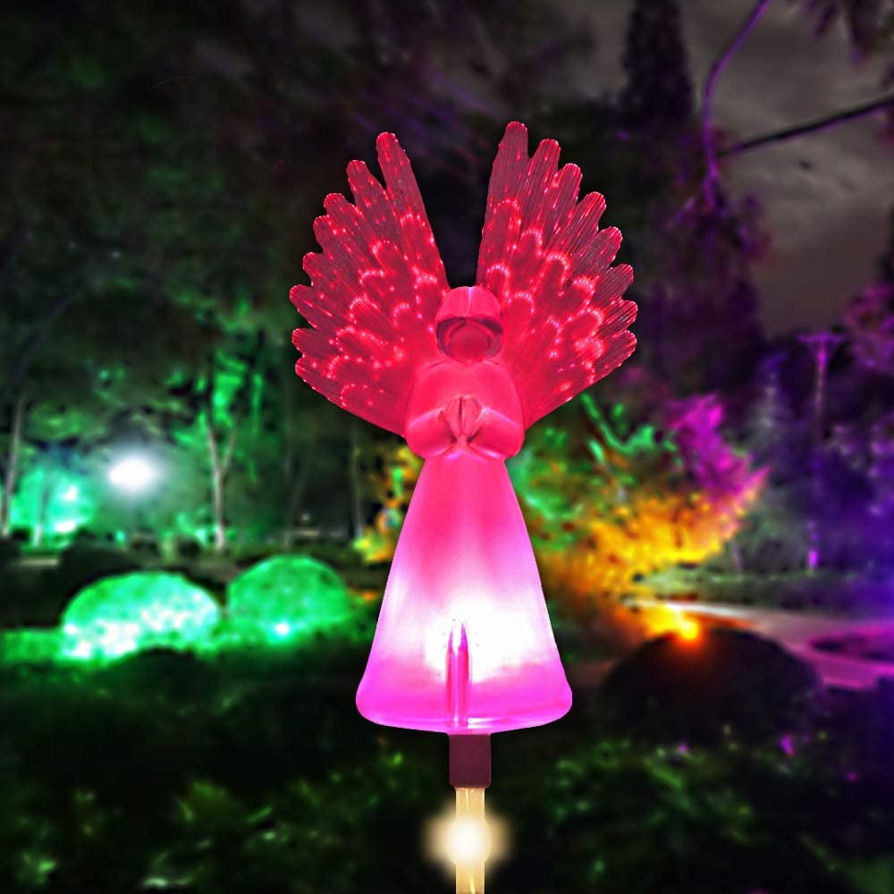 Solar Powered Angel w/Star Garden Stake Landscape Color Change Lights Set of 2