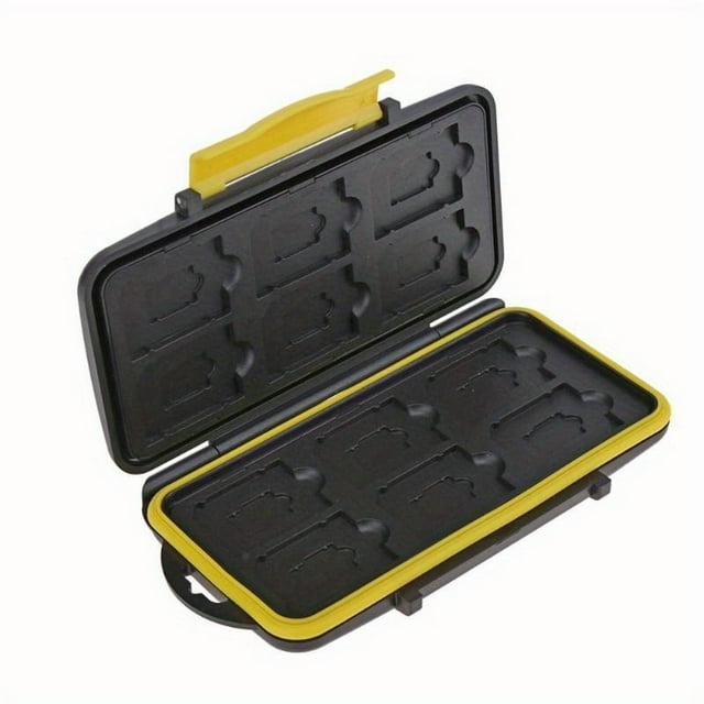 Estbridge Étui de Carte Mémoire Durable et Imperméable - Contient 24 Cartes SD/TF, Coque Rigide en ABS avec Fentes Sécurisées, Comprend une Sangle de Transport, Options Noir et Jaune