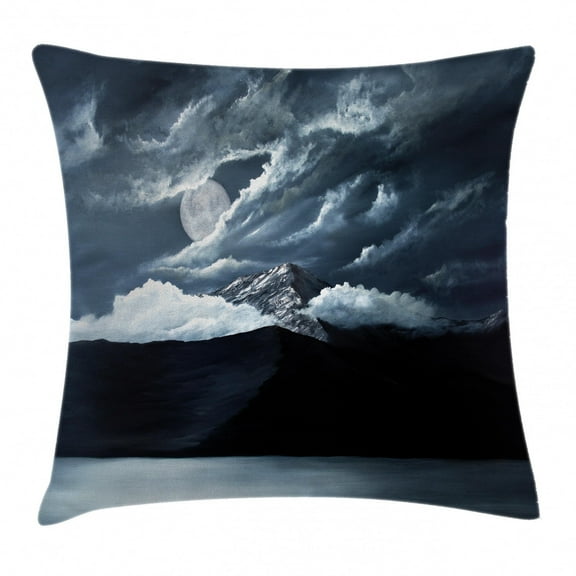 Americana Landscape Decor Throw Pillow Cushion Cover, Moon over Lake and Hills with Dark Storm Clouds Twilight Dawn at Night, Decorative Square Accent Pillow Case, 20 X 20 Inches, Grey, by Ambesonne
