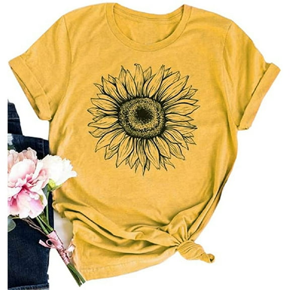 Women's Summer Short Sleeve Tops Casual Sunflower Print T Shirt
