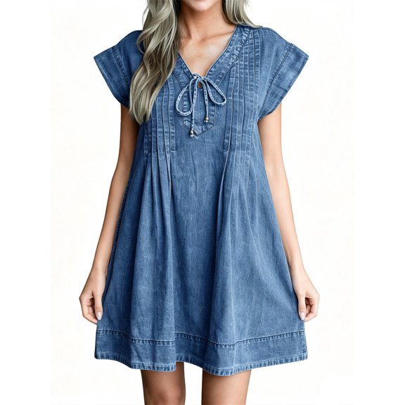 Summer Cap Sleeve Women Casual Tie V Neck Loose Denim Mini Dress