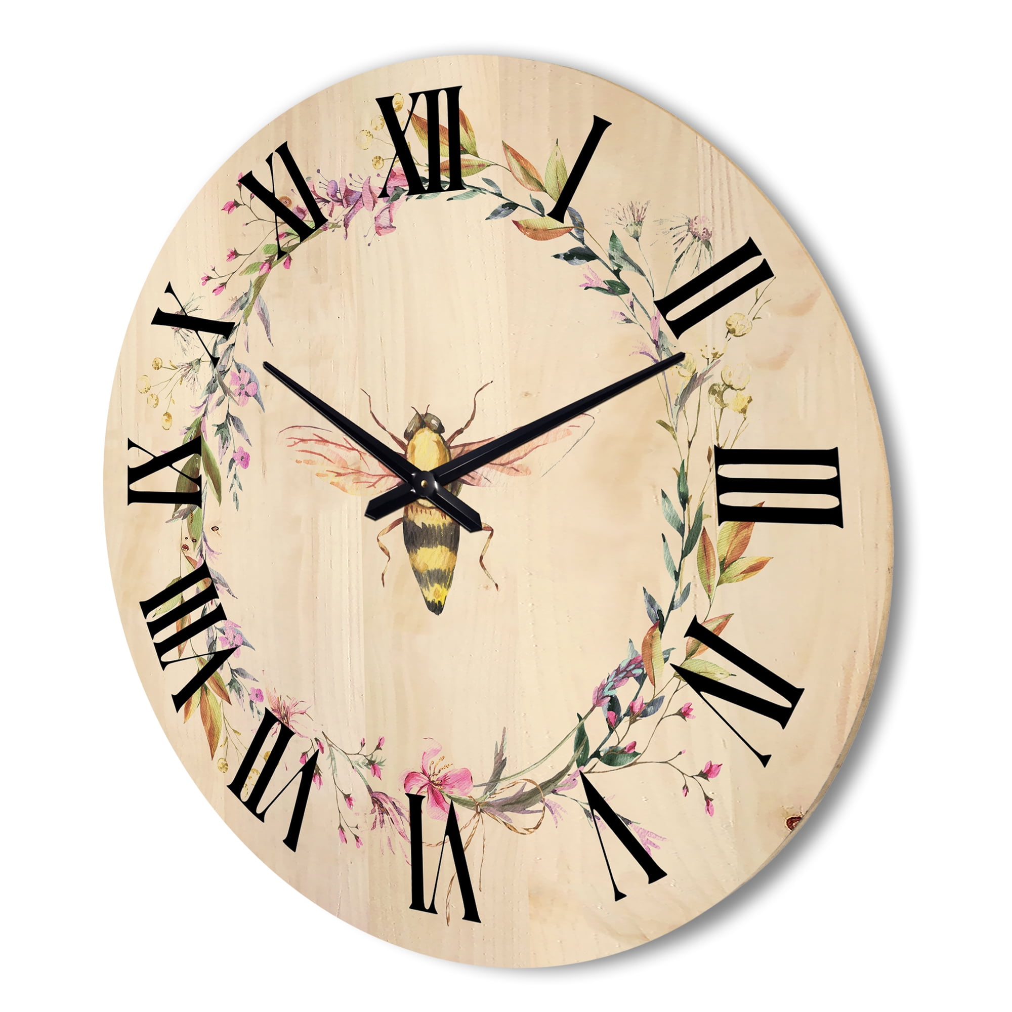 Designart 'Wildflowers Wreath and A Bee' Farmhouse Wood Wall Clock