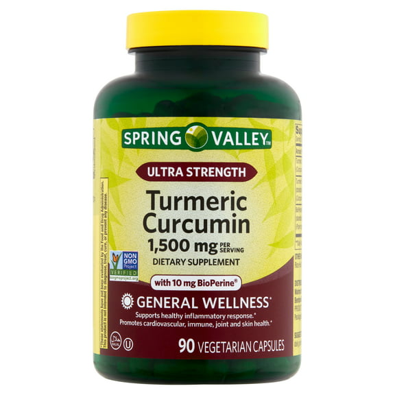 Spring Valley Ultra Strength Turmeric Curcumin General Wellness Dietary Supplement Vegetarian Capsules, 1,500 mg, 90 Count