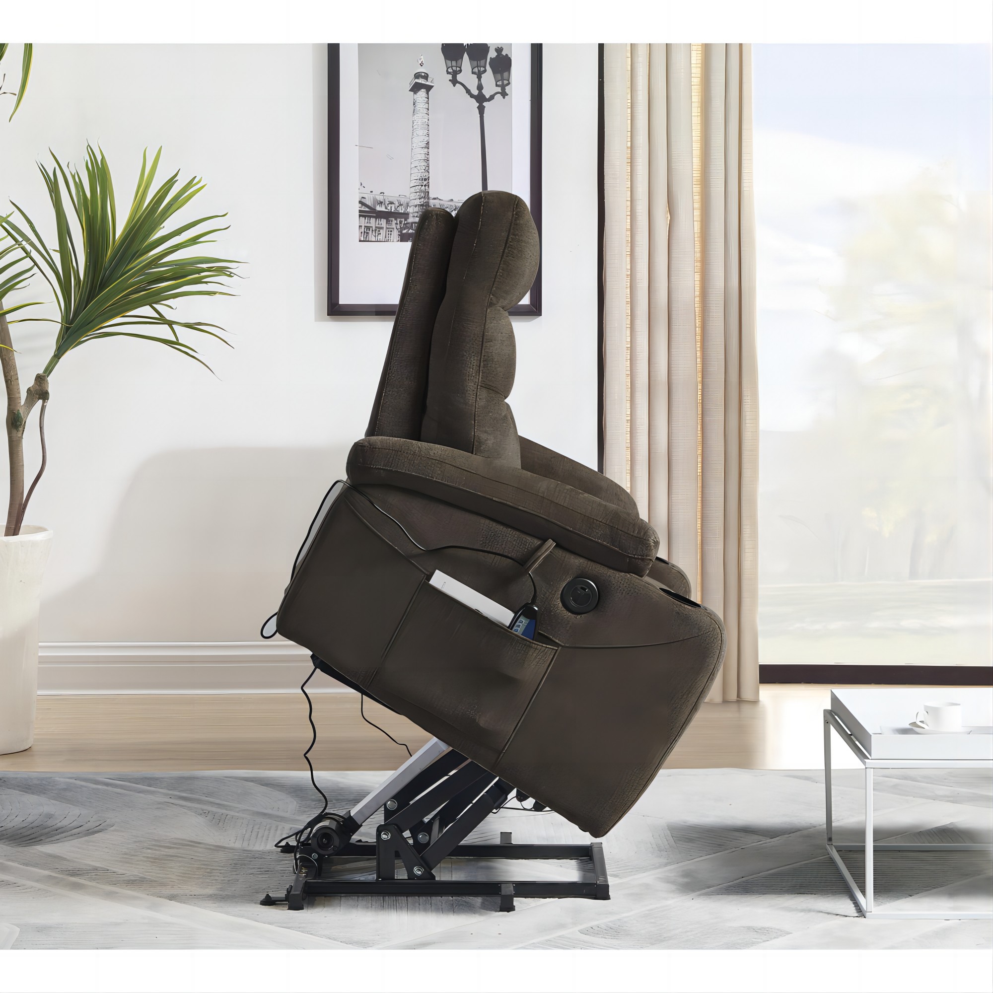 Aukfa Electric Power Lift Recliner Chair with Massage and Heat, USB Ports, 2 Side Pockets, Cup Holders for Elderly, Dark Brown