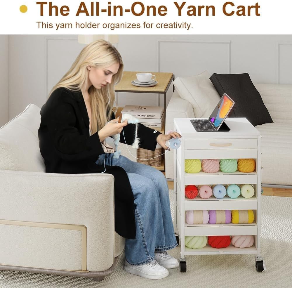 Yarn Storage Organizer Cart with Drawers, Yarn Holder Mobile Knitting Crochet Organizer, Rolling Craft Cart with Lockable Wheels and Side Pockets for Crochet Knitting Supplies, White