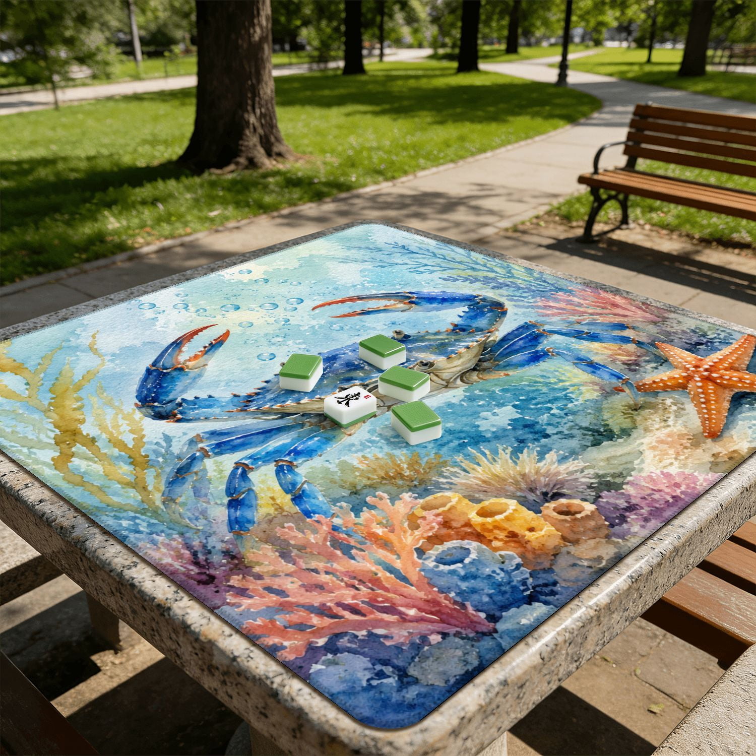 Mahjong Mat 31.5" x 31.5" Watercolor Blue Crab Vibrant Coral Starfish Fish Non-Slip Noise Reduction American Mahjong Tiles Table Cover for Dominoes Poker Card Board Games Gift
