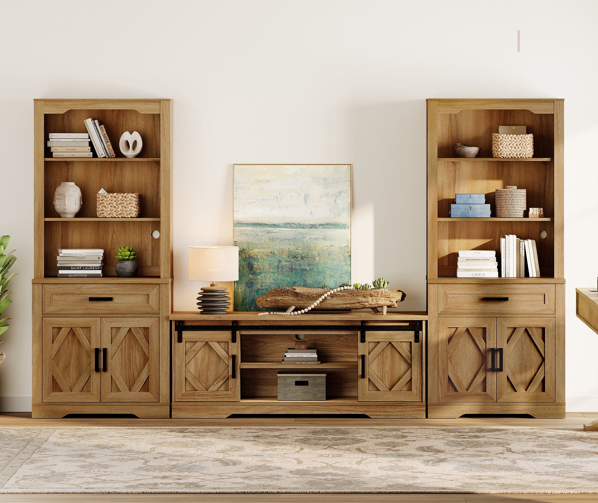 WAMPAT Farmhouse Entertainment Center with Bookshelf for TVs up to 65",Mid Century Modern TV Stand with 73"H Tall 5-Tier Bookcase with Open Storage and Barn Doors for Living Room,Vintage Oak