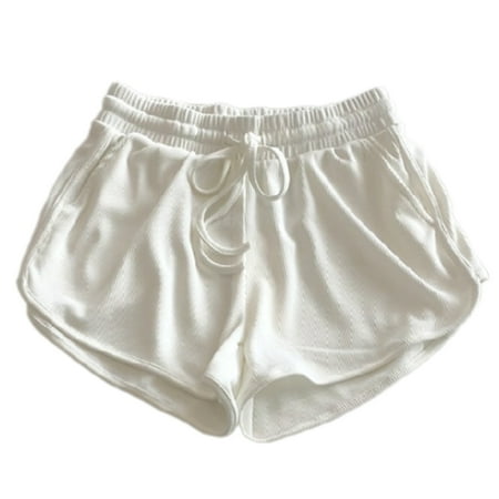 URTERYSER Women s Ice Silk Ribbed Sweat Shorts Drawstring Elastic Waist Wide Leg Shorts with Pockets for Casual or Outdoor Wear White