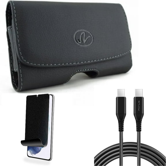 For Samsung Galaxy S21 (6.2") - [Fingerprint Works] TPU Film Privacy Screen Protector   Power PD Fast Charger Cord 6ft Long USB-C Cable   Swivel Leather Case Belt Clip