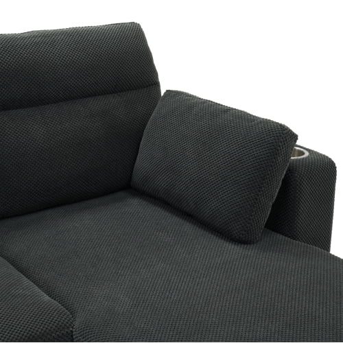 82.5" Convertible L-Shaped Pull-Out Sectional Sofa Bed with Storage Chaise, Cup Holders, and 2 Pillows, Modern Foil Fabric Sleeper Sofa for Living Room, Apartment, Dark Gray