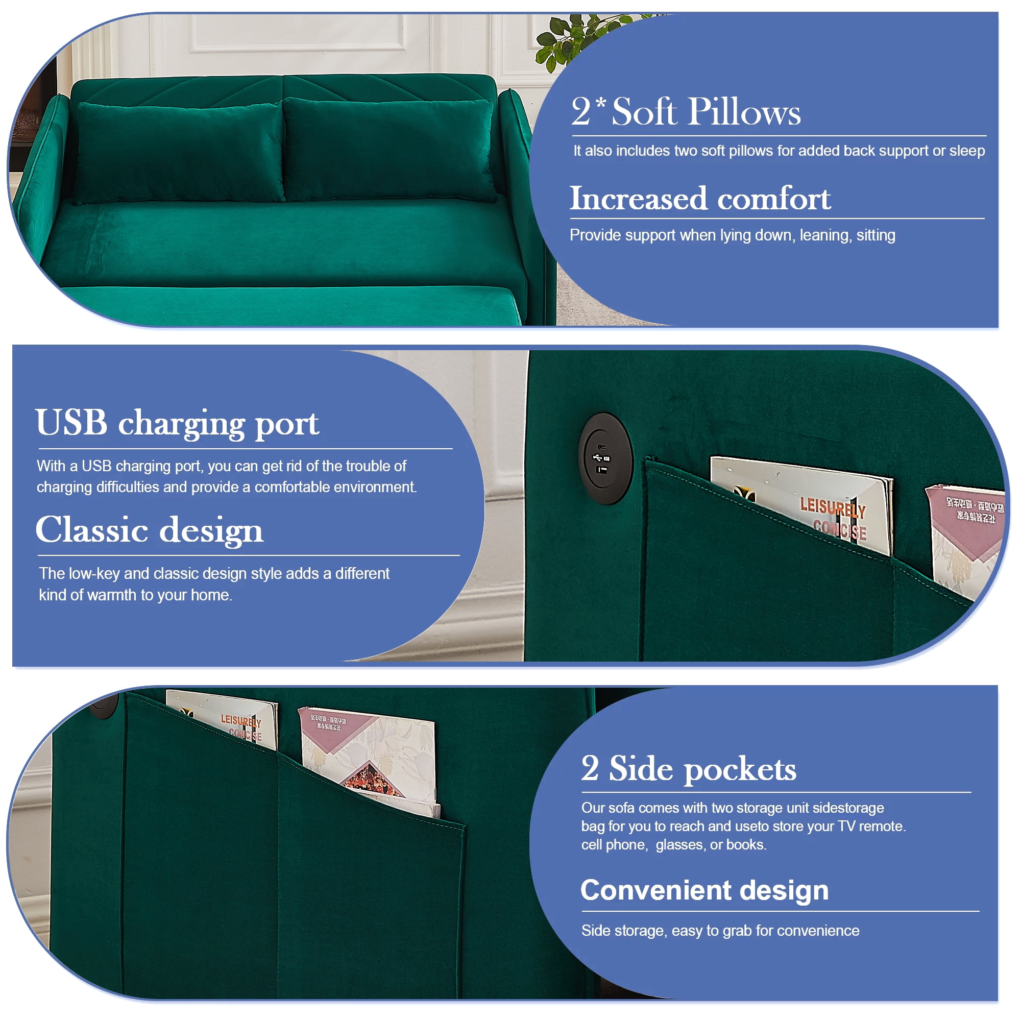 Aukfa 3 in 1 Convertible Sofa Bed, 55" Velvet Loveseat Sleeper with 2 Pillows & USB Port, Green