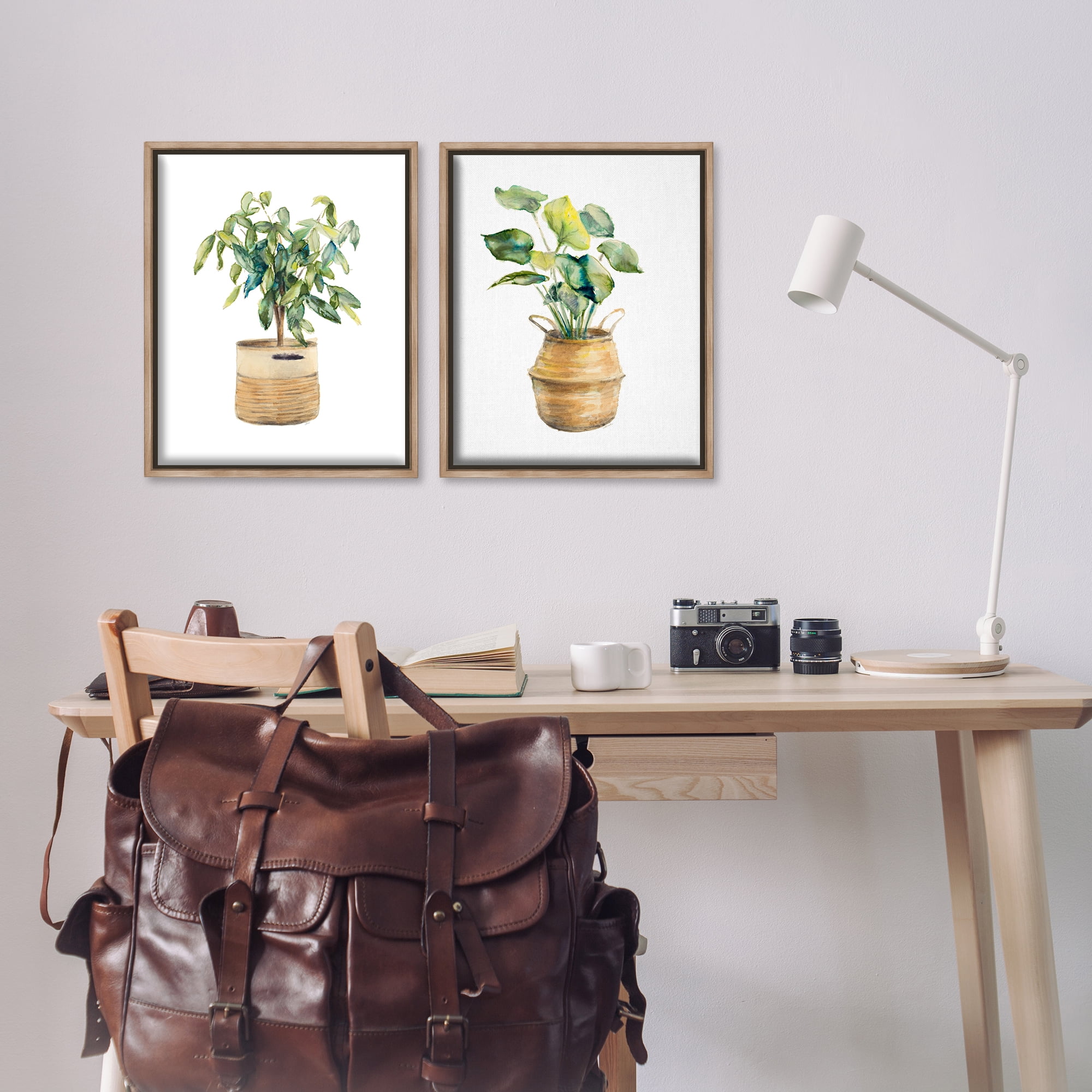 Stupell Industries Lush Houseplants in Wicker Pots Plants & Flowers Painting Brown Floater Framed Canvas Art Print Wall Art, 17 x 21, Set of 2