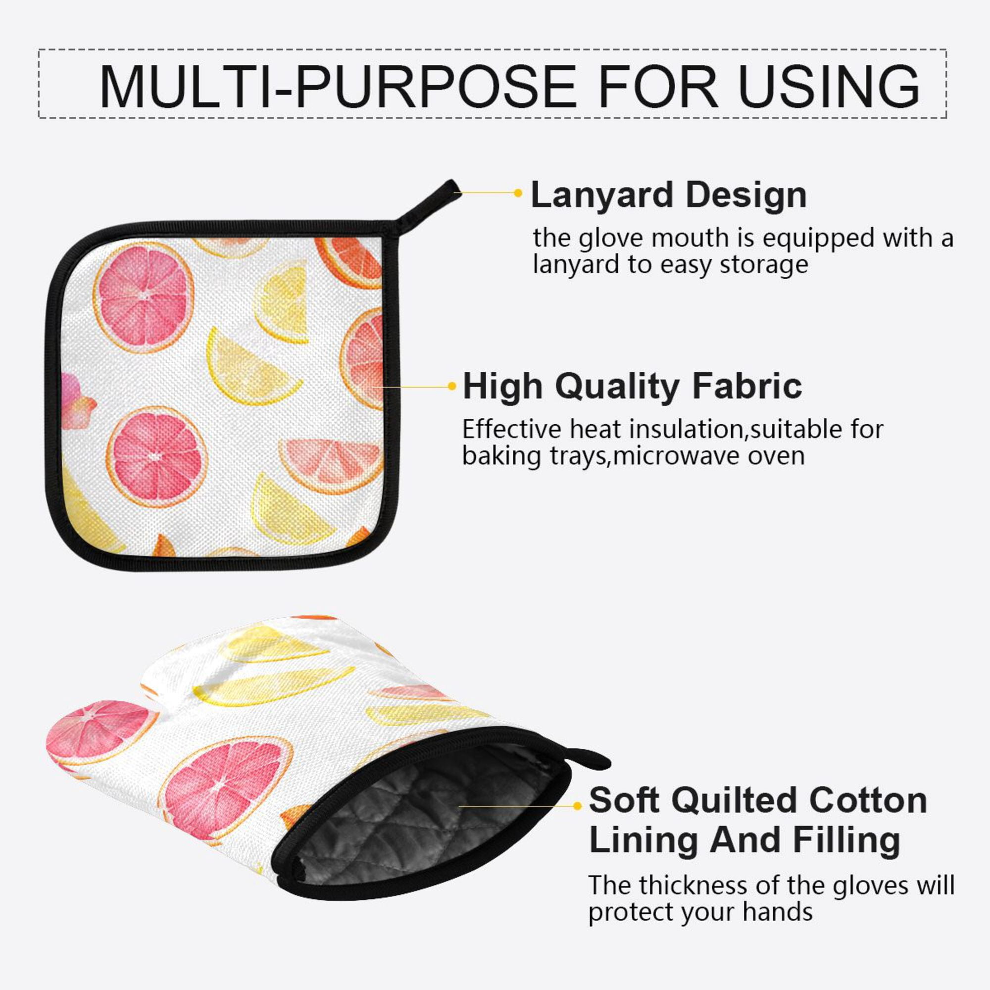 Yayeee Oven Mitts and Pot Holder Set of 4 Heat Resistant Kitchen Gloves Baking Hot Pad, White Grapefruit Slices
