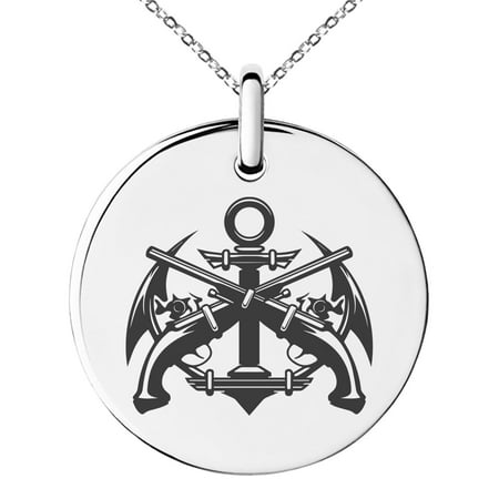 Stainless Steel Pirate Anchor & Pistols Emblem Engraved Small Medallion Circle Charm Pendant