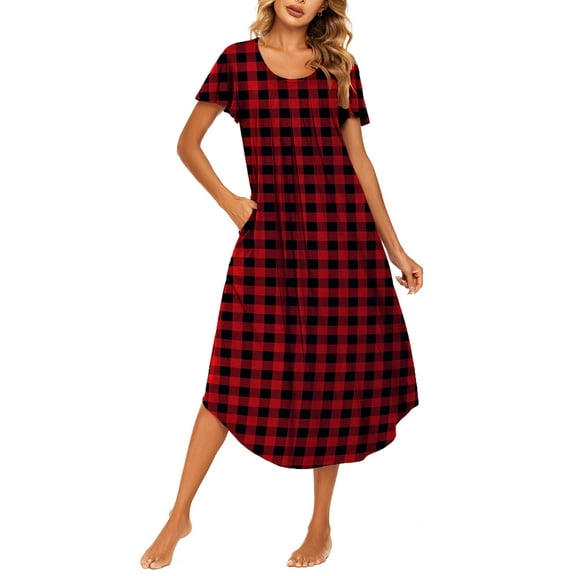 Avidlove Women's Short Sleeve Nightgown Long Nightshirts Pleated Sleep Dress Plaid Sleepwear with Pockets