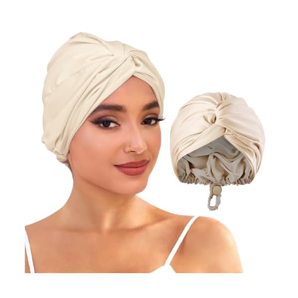 wonima11 Adjustable Silk Satin Sleep Bonnet for Curly & Long Hair - Double Layer Hair Wrap Cap for Women Night Turban for Braids (Champagne Color)